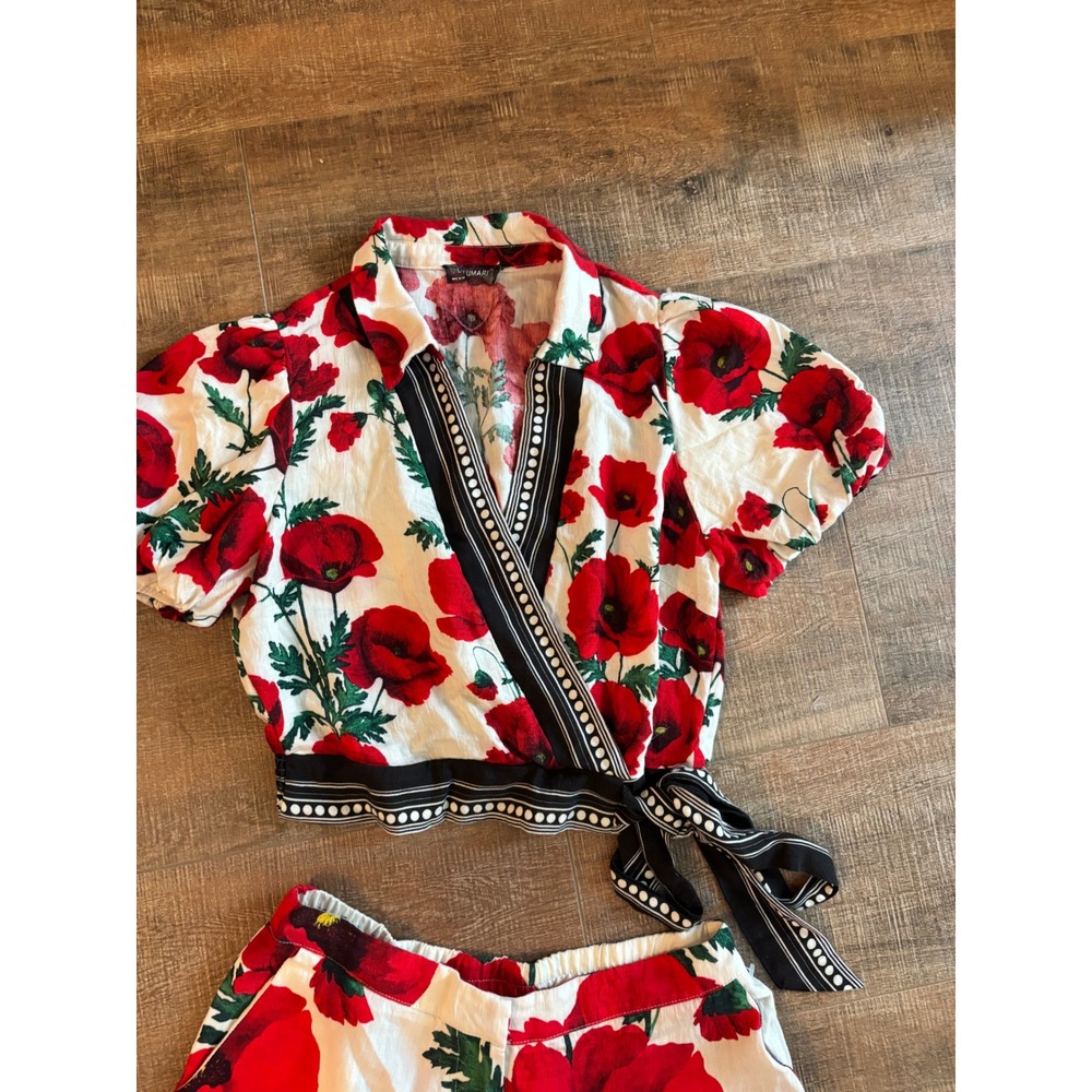 Lulumari Women Red Poppy Floral 2 Piece Set Wrap Crop Top Wide Leg Pants Large - Picture 6 of 6